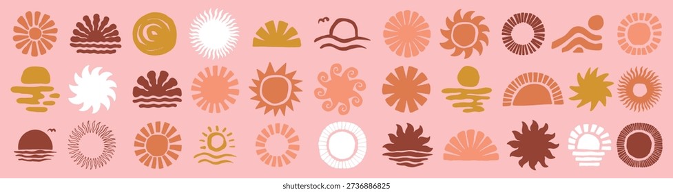 Boho Sun Icon Vector Set – Abstract Sunrise, Sunset and Sunburst Silhouette Collection