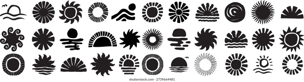 Boho Sun Icon Vector Set – Abstract Sunrise, Sunset and Sunburst Silhouette Collection