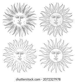 Boho sun icons set, bohemian style tattoo design. Black linear hand drawn art