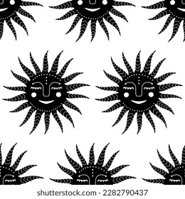 Boho sun linocut style scandinavian seamless pattern