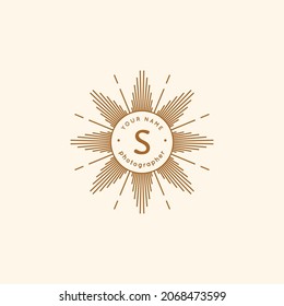 Boho Sun Logo in Minimal Liner Trendy Style. Vector Bohemian Badge for Creative Studio, Photography.