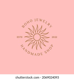 Boho Sun Logo in Minimal Liner Trendy Style. Vector Bohemian Badge for Jewelry Shop, Beauty, Yoga