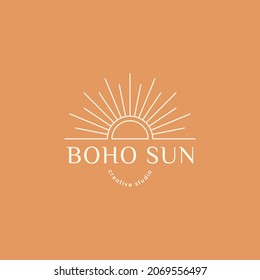 Boho Sun Logo in Minimal Liner Trendy Style. Vector Bohemian Badge for Creative Studio.