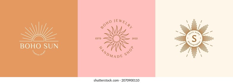 Boho Sun Logo Set in Minimal Liner Trendy Style. Vector Set Bohemian Badges for Creative Studio, Photography, Jewelry, Beauty, Yoga