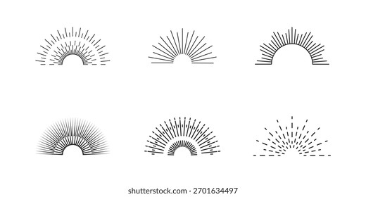 Boho Sonne Logo, Sonnenuntergang über Meer Linie Kunstvektor. Sun Vektor Logo Design Outline sunburst und starburst, editierbarer Strich eps 10