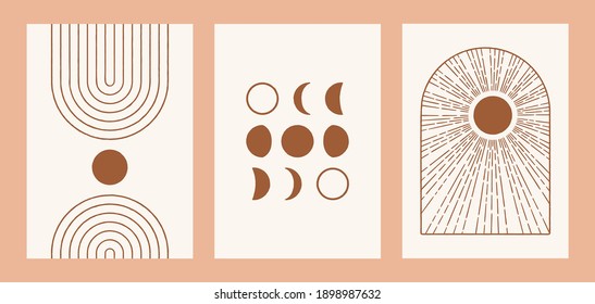 Boho sun, moon, arch set, minimalist mid century modern art