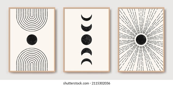 Boho sun, moon, arch set, minimalist mid century modern art