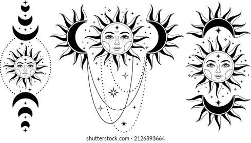 Boho Sun and moon. Hand drawn celestial elements. Sun, crescent moon with moon phases. Celestial design. Symbols of magic witchcraft and alchemy. Boho mystical tattoo. Witchy trendy illustrations