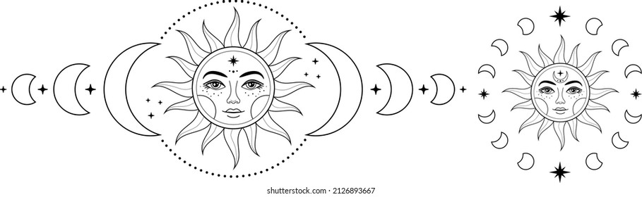 Boho Sun and moon. Hand drawn celestial elements. Sun, crescent moon with moon phases. Celestial design. Symbols of magic witchcraft and alchemy. Boho mystical tattoo. Witchy trendy illustrations