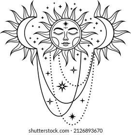 Boho Sun and moon. Hand drawn celestial elements. Sun, crescent moon with moon phases. Celestial design. Symbols of magic witchcraft and alchemy. Boho mystical tattoo. Witchy trendy illustrations