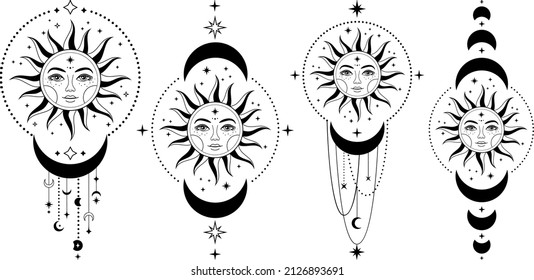 Boho Sun and moon. Hand drawn celestial elements. Sun, crescent moon with moon phases. Celestial design. Symbols of magic witchcraft and alchemy. Boho mystical tattoo. Witchy trendy illustrations