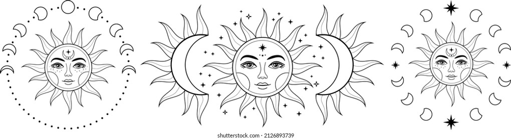 Boho Sun and moon. Hand drawn celestial elements. Sun, crescent moon with moon phases. Celestial design. Symbols of magic witchcraft and alchemy. Boho mystical tattoo. Witchy trendy illustrations