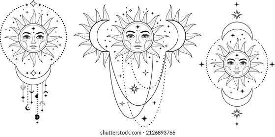 Boho Sun and moon. Hand drawn celestial elements. Sun, crescent moon with moon phases. Celestial design. Symbols of magic witchcraft and alchemy. Boho mystical tattoo. Witchy trendy illustrations