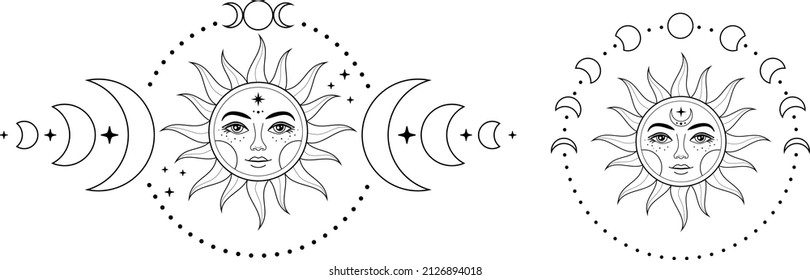 Boho Sun and moon. Hand drawn celestial elements. Sun, crescent moon with moon phases. Celestial design. Symbols of magic witchcraft and alchemy. Boho mystical tattoo. Witchy trendy illustrations
