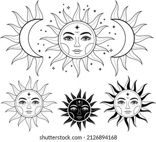 Boho Sun and moon. Hand drawn celestial elements. Sun, crescent moon with moon phases. Celestial design. Symbols of magic witchcraft and alchemy. Boho mystical tattoo. Witchy trendy illustrations