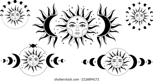 Boho Sun and moon. Hand drawn celestial elements. Sun, crescent moon with moon phases. Celestial design. Symbols of magic witchcraft and alchemy. Boho mystical tattoo. Witchy trendy illustrations