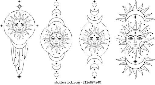 Boho Sun and moon. Hand drawn celestial elements. Sun, crescent moon with moon phases. Celestial design. Symbols of magic witchcraft and alchemy. Boho mystical tattoo. Witchy trendy illustrations