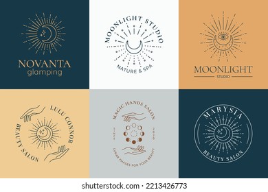 Boho sun and moon logo, sun line art vector. Minimal bohemian moon vector logo design