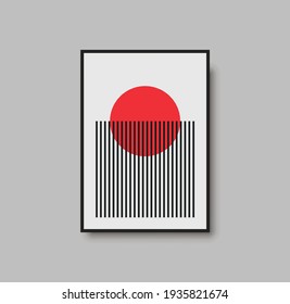 Huella solar y lunar. Resumen de afiche artístico mural de mediados de siglo para interiores de lujo. Color rojo y contraste. Afiche de la luna para un interior de lujo mínimo. Arte y arte para papel e impresión