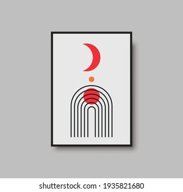 Huella solar y lunar. Resumen de afiche artístico mural de mediados de siglo para interiores de lujo. Color rojo y contraste. Afiche de la luna para un interior de lujo mínimo. Arte y arte para papel e impresión