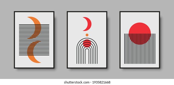 Boho sun and moon print set. Abstract mid century wall art poster set for luxury interior. Red color and contrast. Moon poster for minimal luxuty interior. Art and artwork for wallpaper and print