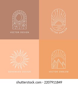 Boho sun, moon and pyramids with stars, vector outline icons. Bohemian linear emblems design of sunlight, moon and Egypt pyramids for mystic or esoteric doodle of magic Boho symbols