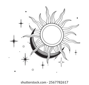 Boho Sun Moon Stars icons. Minimal celestial esoteric composition for logo, tattoo, sunburst set. Vector illustration in linear drawing style on isolated background. Black etching day and night.