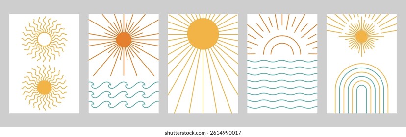 Boho sun poster backgrounds. Abstract sun rays, bohemian wall art prints with sunrise and sea waves. Minimalist decor with sunbeams, arches and geometric lines vector set with editable stroke paths.