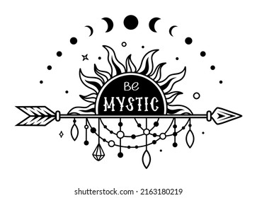 Boho sun with quote: Be mystic. Tribal design with arrow, threads and beads. Native american sign. Magic vector print.