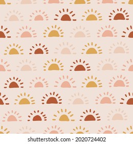 Boho Sun Seamless Pattern. Summer Baby Print. Earthy Warm Trendy Colors. Solar Abstract Modern Nursery Fabric Design.