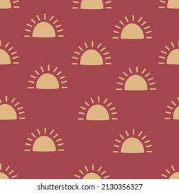 Boho sun seamless pattern. Summer baby print. Earthy warm trendy colors. Solar abstract modern fabric design.