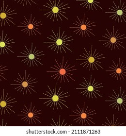 Boho sun seamless in yellow , orange, coral and brown on dark background. Great for Nursery wallpaper, fabric, home décor and baby shower 