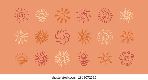 Boho sun shape icon set. Hand drawn crayon, pencil, pastel, chalk sketch wavy ray spiral sun. Ses sunset, sunrise freehand childish scribbles. Paint brash summer groovy abstract vector illustration