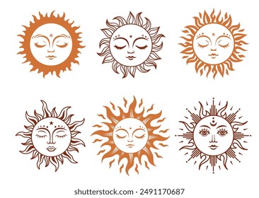 Boho sun sign, vector silhouette design. Sun with face set of celestial elements. Vector monochrome illustration. linear sacred symbols of magic, mysticism and alchemy.