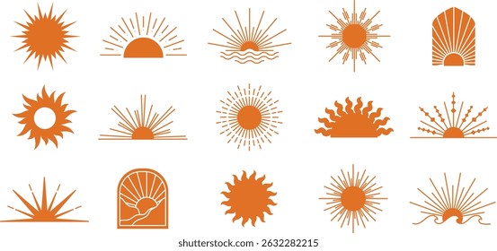 Boho sun silhouette icons. Boho sun emblem symbols of sunrise and sunset with rays, arch and wave shapes. Minimalist summer sunshine and dawn light solid signs vector set with editable stroke paths.