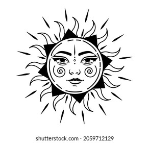 Boho sun. Solar sign. Alchemy and astrology symbol. Monochrome celestial print. Vector illustration.