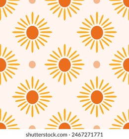 Vector de sol boho sin patrón. Modernas Formas de sol de color naranja simple y puntos sobre fondo blanco crema. Diseño de superficie celestial Groovy para textil, tela, decoración, papel. Lindo azulejo de repetición retro