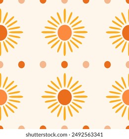 Boho sun vector seamless pattern. Modern simple orange sun shapes and dots on cream off-white background. Groovy celestial surface design for fabric, packaging, decor, paper. Cute retro repeat tile