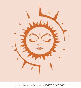 Boho Sun vector silhouette design. Sun with face surrounded by rays. Vector monochrome illustration. Symbols of magic, mysticism and alchemy. Celestial sacred alchemy element