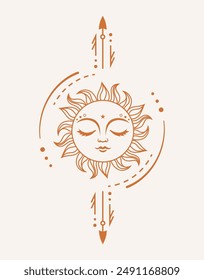 Boho sun vector silhouette design. Sun with face surrounded by sacred tribal elements. Vector monochrome illustration. Symbols of magic, mysticism and alchemy.