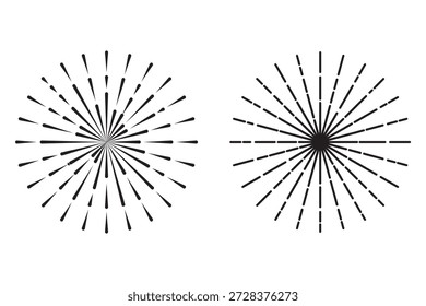 Boho sunburst em diferentes formas. Explosão, fogo de artifício, faíscas, brilho, cintilação, raios de sol. Elementos de design de raios de ruptura na moda. Ilustração vetorial.