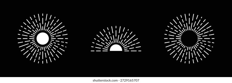 Boho sunburst em diferentes formas. Explosão, fogo de artifício, faíscas, brilho, cintilação, raios de sol. Elementos de design de raios de ruptura na moda. Ilustração vetorial. Vintage dourado sunburst, coleção de feixes do pôr do sol.