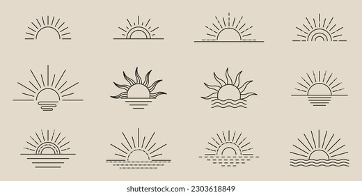 Boho sunburst logo, sun line art vector. Sunset sunrise stock vector logo design