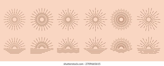 Vector de arte de la línea de la salida del sol de Boho con rayos simples. Diseño minimalista y tranquilo para decoración y marca.