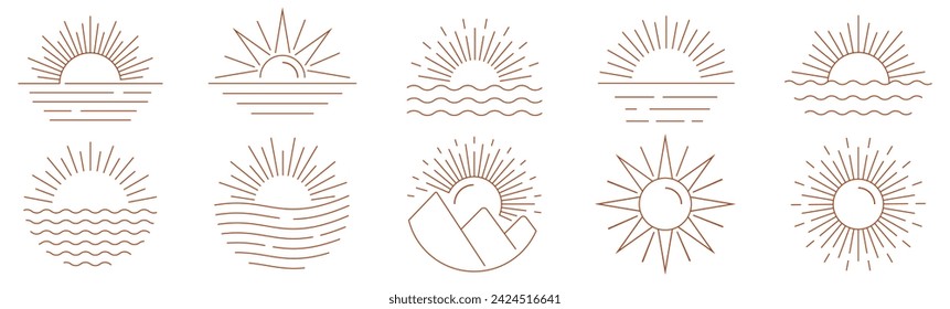 Boho sunrise logo set. Boho icons and symbols. sun, arc, window design templates, geometric, sun line art, decoration, minimalist style for social media posts. Vector logo