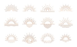 Boho Sunrise Logo, Sun Line Art Vector. Sunset Stock Vector Logo Design