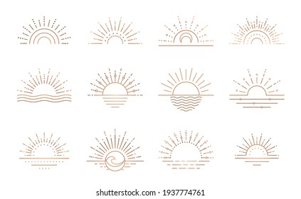 Boho sunrise logo  sun line art vector  Sunset stock vector logo design