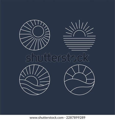 Boho sunrise logo, sun line art vector. Sunset stock vector logo design