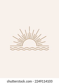 Boho sunrise logo, sun one-line vector art. Esoteric sun symbols, isolated sun and moon vector illustration. Bohemian symbol pre-made symbol