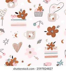 Boho Sweet Dessert Seamless Pattern. Cute vector background with cakes, cupcakes, mugs, cherries, hearts, flowers, stars, and moon. Perfect for fabric, wrapping paper, kids' textiles, and wallpaper.